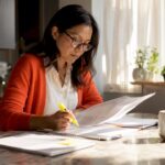 Translator reviewing certified translation document at home desk