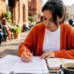 Young woman reviewing visa documents at home