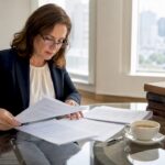 Woman reviewing bilingual legal contracts at desk