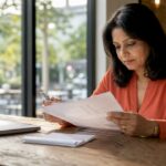 Woman reviewing certified translation documents at desk