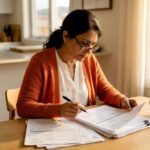 Translator reviewing trade documents at desk