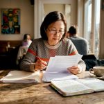 Woman reviewing certified translation documents at desk