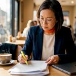Professional reviewing tender documents in office