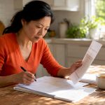 Woman reviewing immigration documents and translations