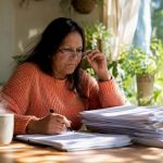 Woman reviewing foreign inheritance documents at home