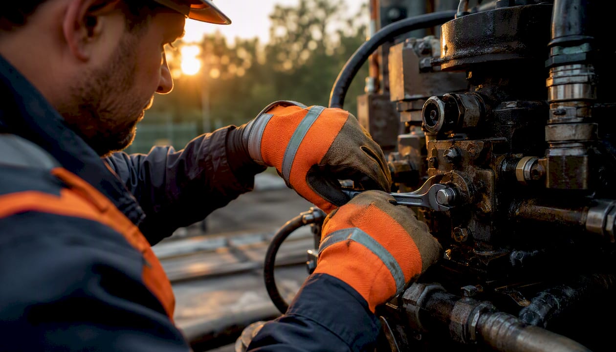 Field technician adjusting hydraulic valve with wrench