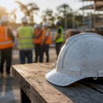 Safety helmet with blurred bilingual safety sign