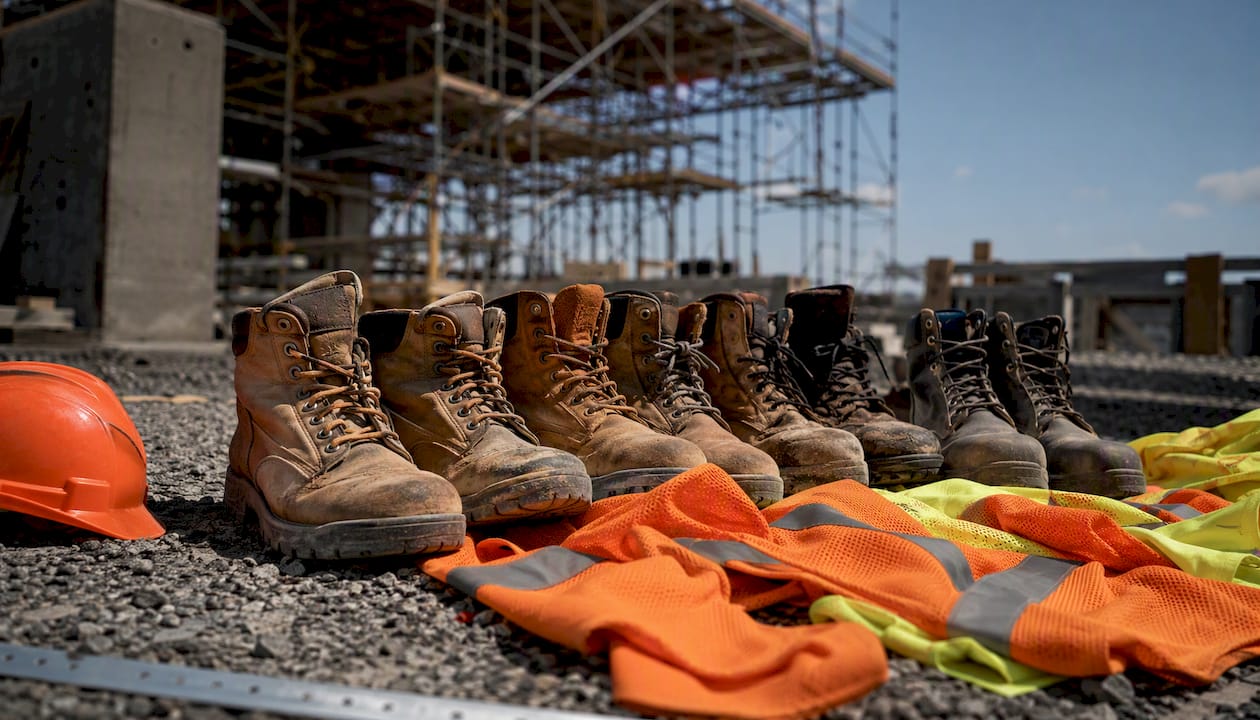 Safety gear and boots on workplace floor