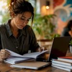 Translator checking glossary on tablet