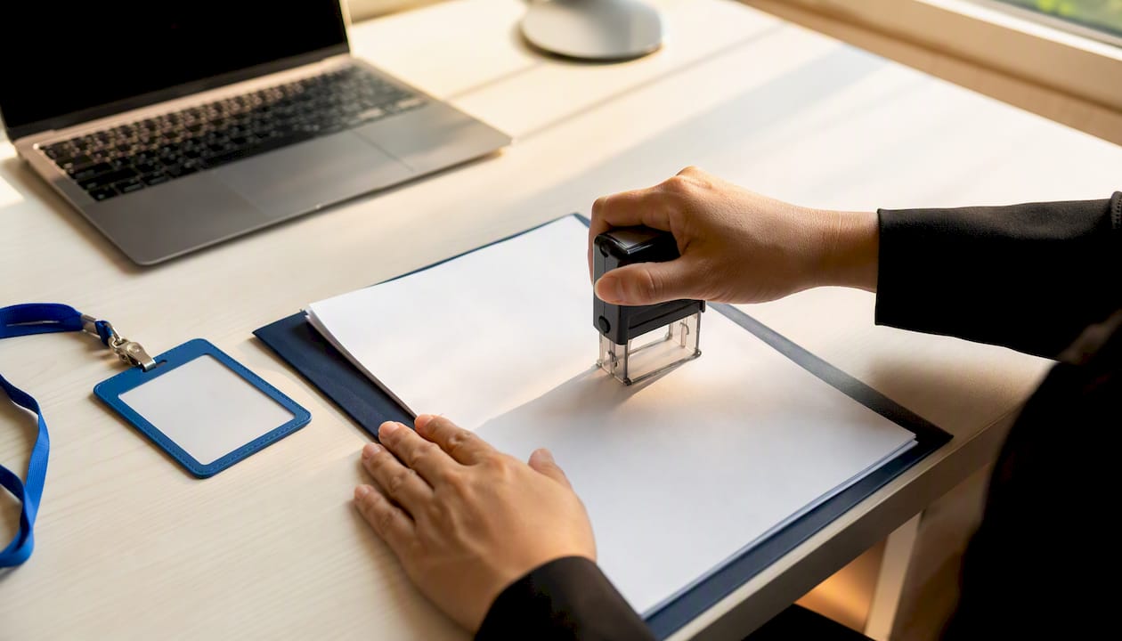 Hands stamping affidavit document with certification