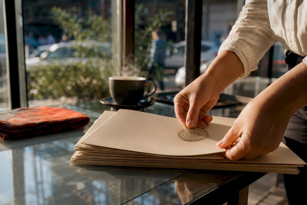 Hands organizing certified translation folders