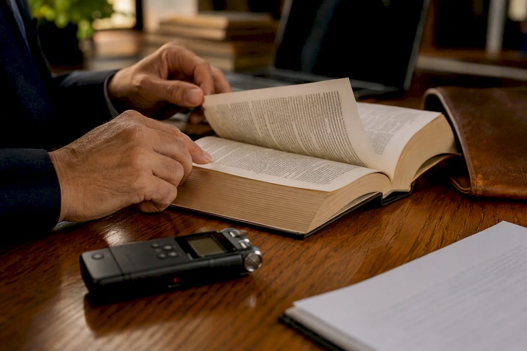 Hands using legal dictionary and recorder