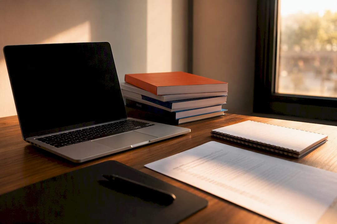 Workspace with technical manuals and offline laptop