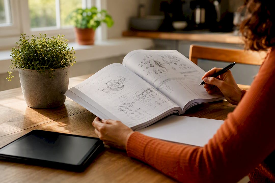 Hands consulting technical dictionary and tablet
